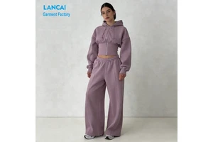 Customized Stylish Long Sleeve Casual Track Suits Cinched Waist Zip Up Hoodie And Wide Leg Jogger Set Two Piece For Women