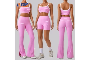 Custom Logo Women's High Quality Gym 2 Pieces Yoga Set Flare Yoga Pants High Waisted Shorts Pants High Supports Sports Bra