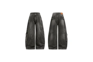 High Street Men's Asymmetrical Washed Denim Jeans Loose Straight Leg Cargo Pants Autumn Casual Black Curved Silhouette Trousers