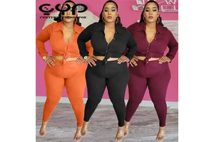 New Plus-Size Breathable Solid Color Casual Shirt Pant Suit for Women