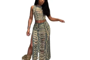European and American Women's Denim Suit Cross-border Trend Personalized Handmade Worn-out Vest High Slit Denim Skirt Set