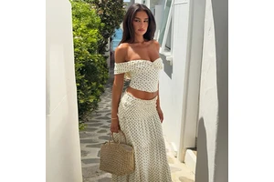 European American Cross-Border Fresh Women'S Clothing Strapless Sweet Sexy Raglan Tube Top Fashion Polka-Dot Bow Long Skirt Suit