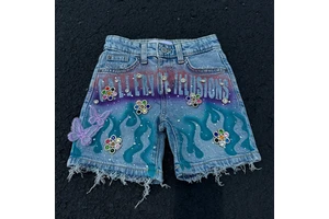 High Distressed Rhinestone Denim Shorts Gradient Printed Design Vintage Y2K Hip Hop Streetwear Light Casual Pants For Summer