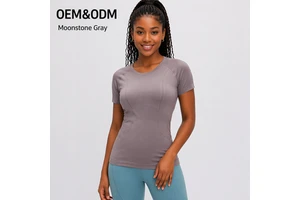 Light Blue Seamless Solid Color Yoga Short Sleeve Top for Women Slim Fit Stretchy Breathable Fabric Workout & Fitness