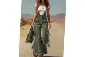 Women's Vintage Washed Suede Denim Jumpsuit High Waist Wide Leg Denim Suspenders Pants