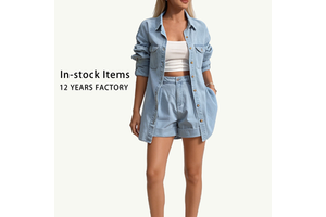 Women Denim 2 Piece Set Matching Coordinates Loose Shirt Cuffed Shorts Spring Summer Casual Outfits Western Fashion Apparel