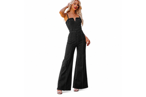 Women's Black Denim Jumpsuit High Waist Wide Leg Casual Summer Overalls Solid Color Stonewashed Cotton Breathable Eco-Friendly