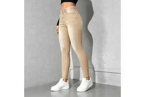 Source Factory Women Skinny Jeans Low Rise Solid Camel Denim Cotton High Elastic Skinny Pants