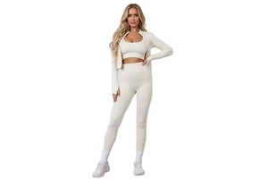 Women's 3-Piece Seamless Anti-Bacterial Workout Set Spandex/Nylon Solid Sports Bra High-Waisted Gym Yoga Leggings Sleeveless