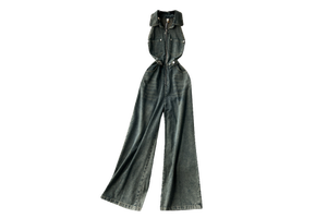 Casual Turn-down Collar Slim Jumpsuit for Women High Waist Zipper Denim Long Jumpsuit Ladies Casual Overalls Wholesale