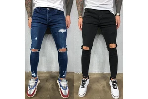 Factory Custom Men's Jeans Ripped Fashion Trend Slim Straight Beggar Long Pants in Stock