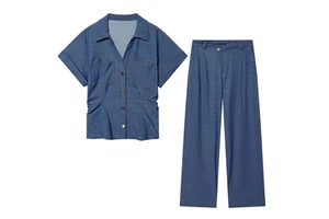 Custom Spring Women's New Arrival - Collared Rolled-Up Short-Sleeve Slim Fit Pleated Waist Denim Shirt Women 2 Piece Set