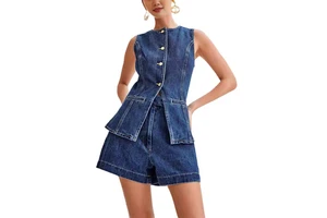Women's Daily Essential High-waisted Shorts Denim Suit Casual Sleeveless Top Shorts Denim Sets Two-Piece Denim Outfits