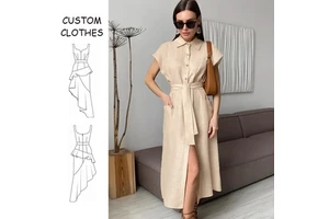 ODM Casual Pencil Short Sleeve Maxi Long Turn Down Collar Button Belt Empire Summer Solid Linen Cotton Blend Shirt Dresses Women