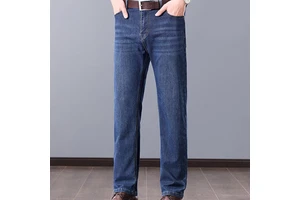 Men's Lightweight Breathable Woven Mid-Waist Straight Solid Denim Trousers Business Casual Summer Medium Wash Multi-pocket