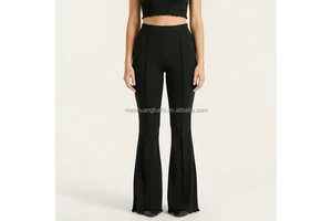 Custom Ruffle Trim Elastic Ribbed Flared Pants For Women Bell Bottom Ladies