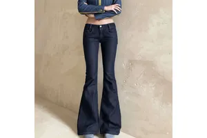 Wholesale Women's Low-Waist Skinny Flared Dark Blue Jeans Breathable Vintage Slim Solid Denim Jeans