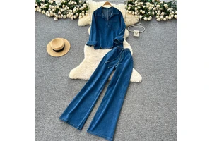 Plus Size 2025 Fall Women's Vintage Sets Top And High Waist Denim Suit Jogging Suits Wholesale