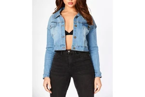 Womens Crop Denim Jacket Fashion Washed Jeans Jacket Ladies Long Sleeve Cropped Denim Jacket