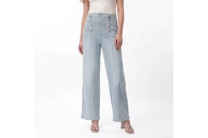 OEM/ODM Womens Light Blue High Waisted Straight Wide Jeans Nautical Sailor Style Gold Button Denim Trousers Factory Direct