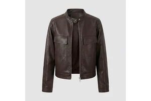 Women's Coated Solid PU Leather Motorcycle Jacket Zipper Closure Vintage Cropped Short Stand Collar Polyester Lining Autumn