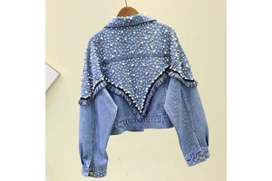 Luxury Ladies Pearl Diamond Long Sleeve Coat Women Denim Jacket With Bead