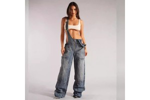Sexy Backless Vintage Full Length Denim Straight Pants Loose Pockets Distressed Washed Casual Jumpsuits Women Jeans Overalls