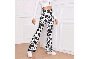 Custom Washed High Quality Elastic Wide Leg Cow Print Skinny Slim Fit Micro Flared High Waist Women's Jeans Wholesale