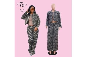 Think 2 Piece Set Cropped Denim Jacket and High Waist Wide Leg Jeans Set Sexy Women Raw Edges Shredded Denim Set