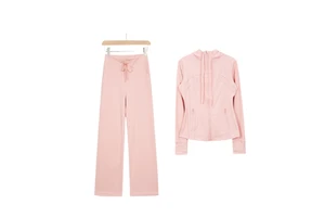 Darling Women's Slim Fit Solid Color Hooded Yoga Set with Slim Fit Outerwear + High Waist Drawstring Wide-Leg Pants