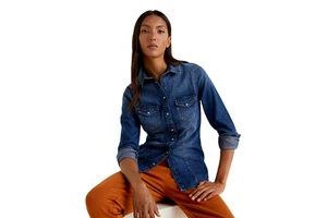Women's Casual Eco-Friendly Quick Dry Anti-Wrinkle Cotton Denim Blouse Double-Layer Collar Button Front Long Sleeves Plain Dyed