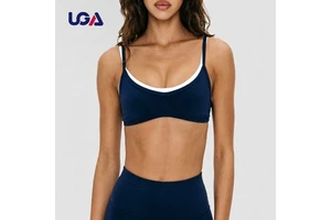 Eco-friendly Custom Contrast Color Blocking Activewear Biker Short Layered Sports Bra Striped Yoga Set