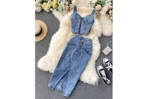 Summer Women'S Suit New Woman Sexy Short Halter Vest High Waist Denim Skirt Set