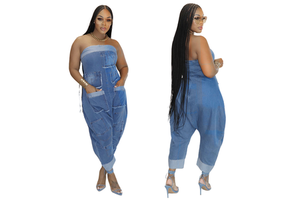 QN5006 High Quality Denim Overalls Jumpsuit Women Multiple-Pocket Patchwork Loose Strapless Jean Cargo Jumpsuits for Women