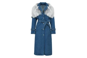 Lady Fashion Women's Denim Jackets & Coats Wholesale Jean Long Slim Denim Trench Coat With Real Mongolian Fur Collar for Women