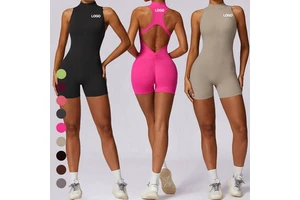 12 Colors Women's Zip up Yoga Shorts Jumpsuit Cut Out Backless Padded Workout Playsuit Athletic Bodysuit One Piece Sport Rompers