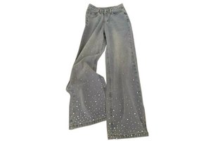 Ladies Denim Jeans Light Wash High Waist Xl Loose Fit Wide Leg Elegant Hot Drilling Full Length
