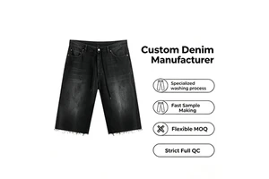 Custom Men's Denim Shorts | Black Vintage Washed Frayed Hem Loose Fit OEM/ODM