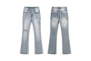 Slim Fit Breathable Patchwork Flared Men's Jeans Manufacturer Customized High Quality Streetwear Washed Paint Embroidery Jeans