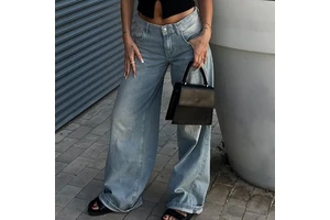 Custom Women's Jeans Washed Blue High Waist Fashion Casual Hot Sale Wide Leg Denim Pants for Women High Waist