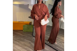 European and American Plus Size Women's Spring New Casual V-Neck Long Sleeve Top Wide Leg Pants Suit