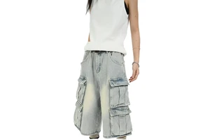 Vintage Summer Cropped Jeans Retro American Style Mid-Waist Denim Old Washed Tooling Loose Casual Short Jeans