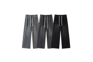 Men's Washed Denim Pants Summer New American Style Loose Casual Straight Mid Waist Trousers