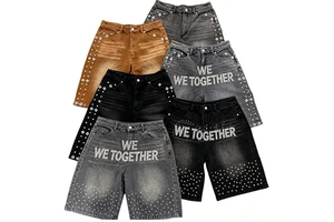Manufacturer OEM Custom Rhinestone Denim Shorts Streetwear Stone Washed Distressed Retro Oversize Black Men's Jorts Jeans Shorts