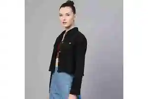 Stylish Women's Cropped Denim Jacket with Jeans Pocket Button Closure Cotton Outerwear Fashionable OEM Serviced Denim Jacket
