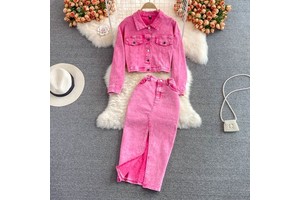 Denim Women's High Waist Hip Skirt Two-piece Suit Spring Autumn Denim Set Ladies Top and Skirt Set