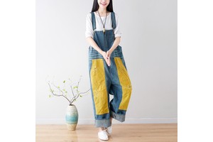 Y0308 New Contrasting Patch Denim Jeans, Distressed Corduroy, Women's Plus Size Wide Leg Overalls