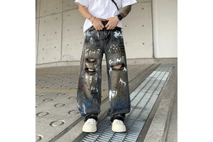 Custom Men Graffiti Jeans Baggy Straight Leg Ripped Distressed Wash Faded Blue High Waist Stretch Four Seasons OEM