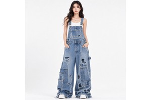Women's Denim Overalls High Waist Loose Fit Full Length Ripped Patchwork Wide Leg Street Wear Casual Jumpsuit