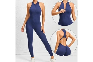 Women's Sports T-Shaped Jumpsuit with Sexy Front Zip Half Zipper Sleeveless Trousers One-Piece Hollow Suit with Custom Logo